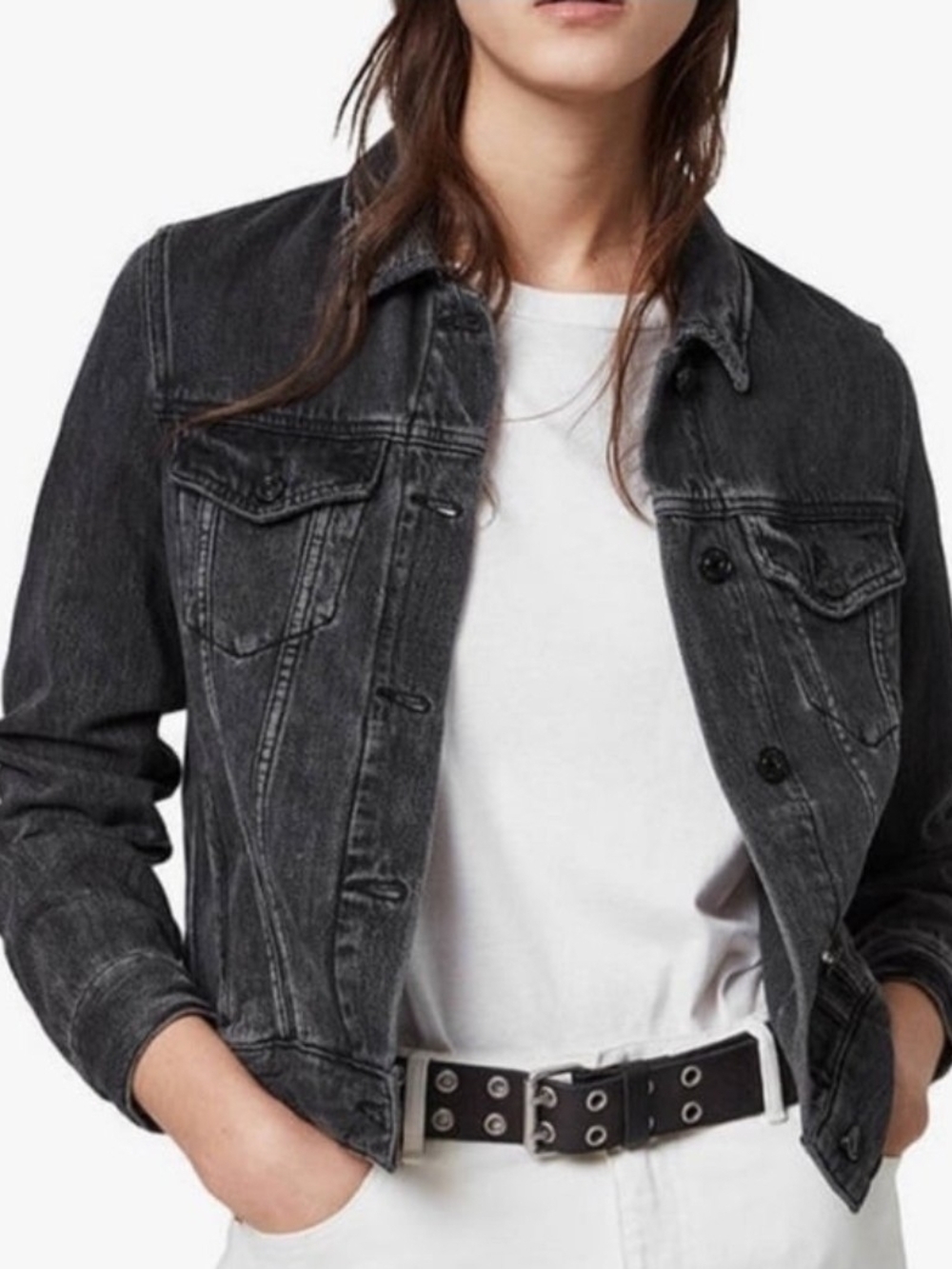 All Saints Women's Hay Black Cropped Washed Denim Jacket 6